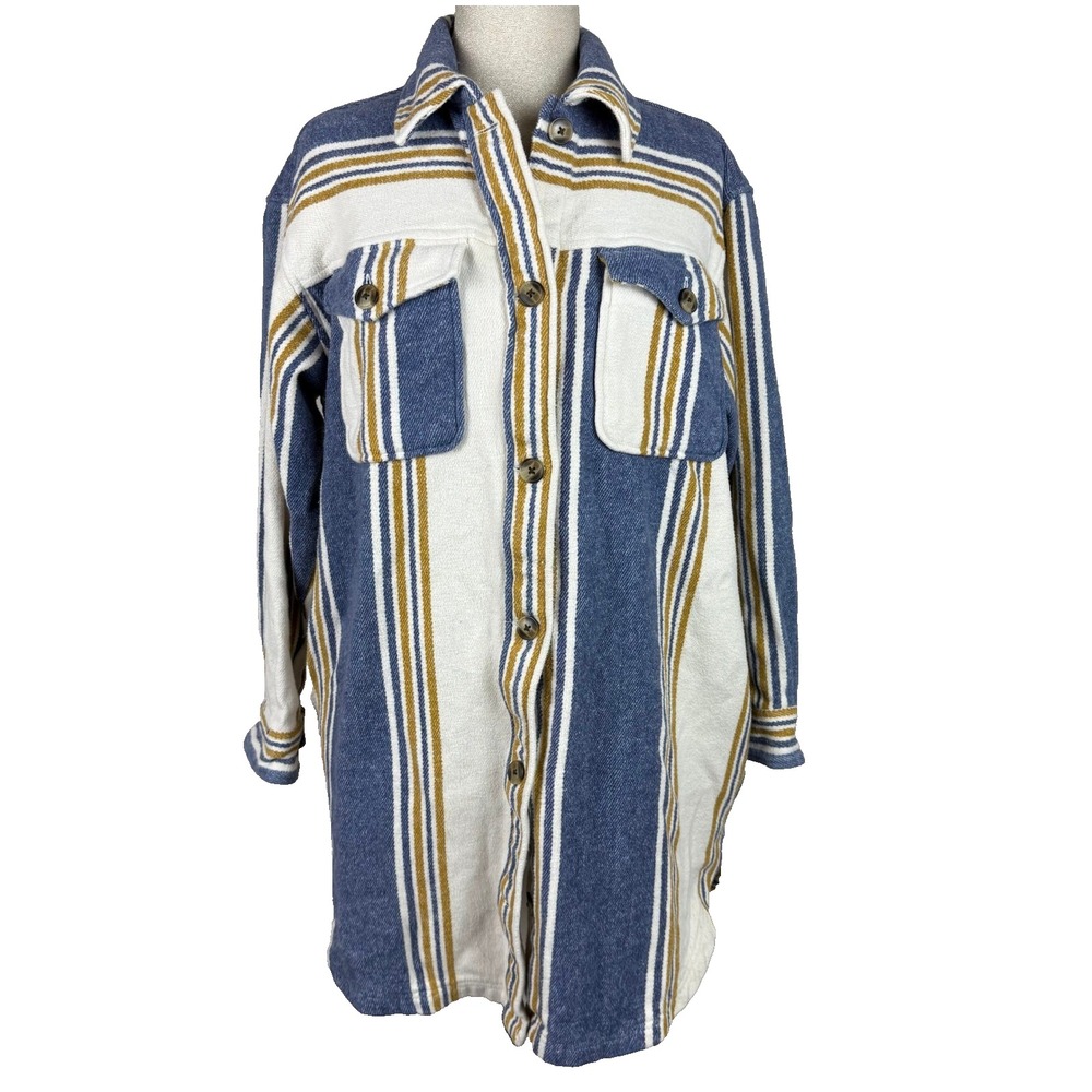 Aerie Shacket Women S Blue Cream Striped Long Sleeve Button Flannel Shirt